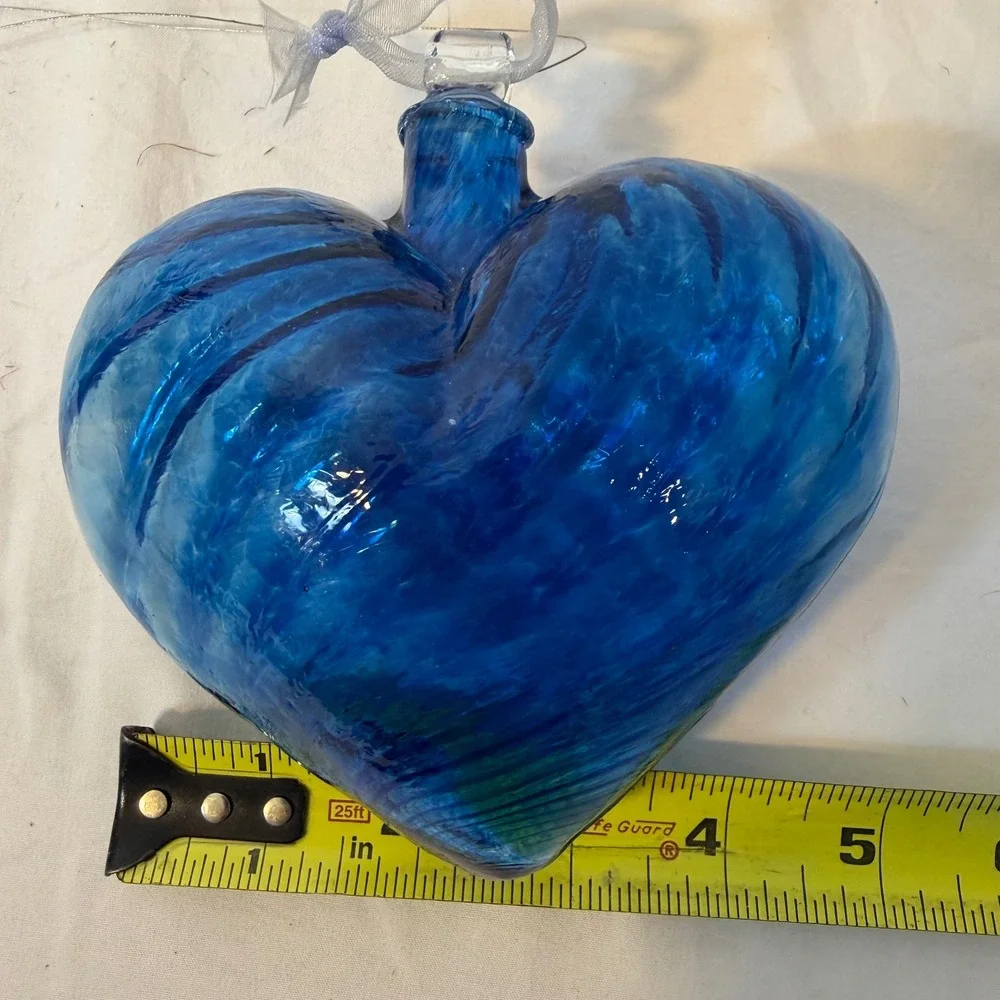 Hand Blown Cobalt Blue Art Glass Heart Ornament Marbled Swirl 4 Inch